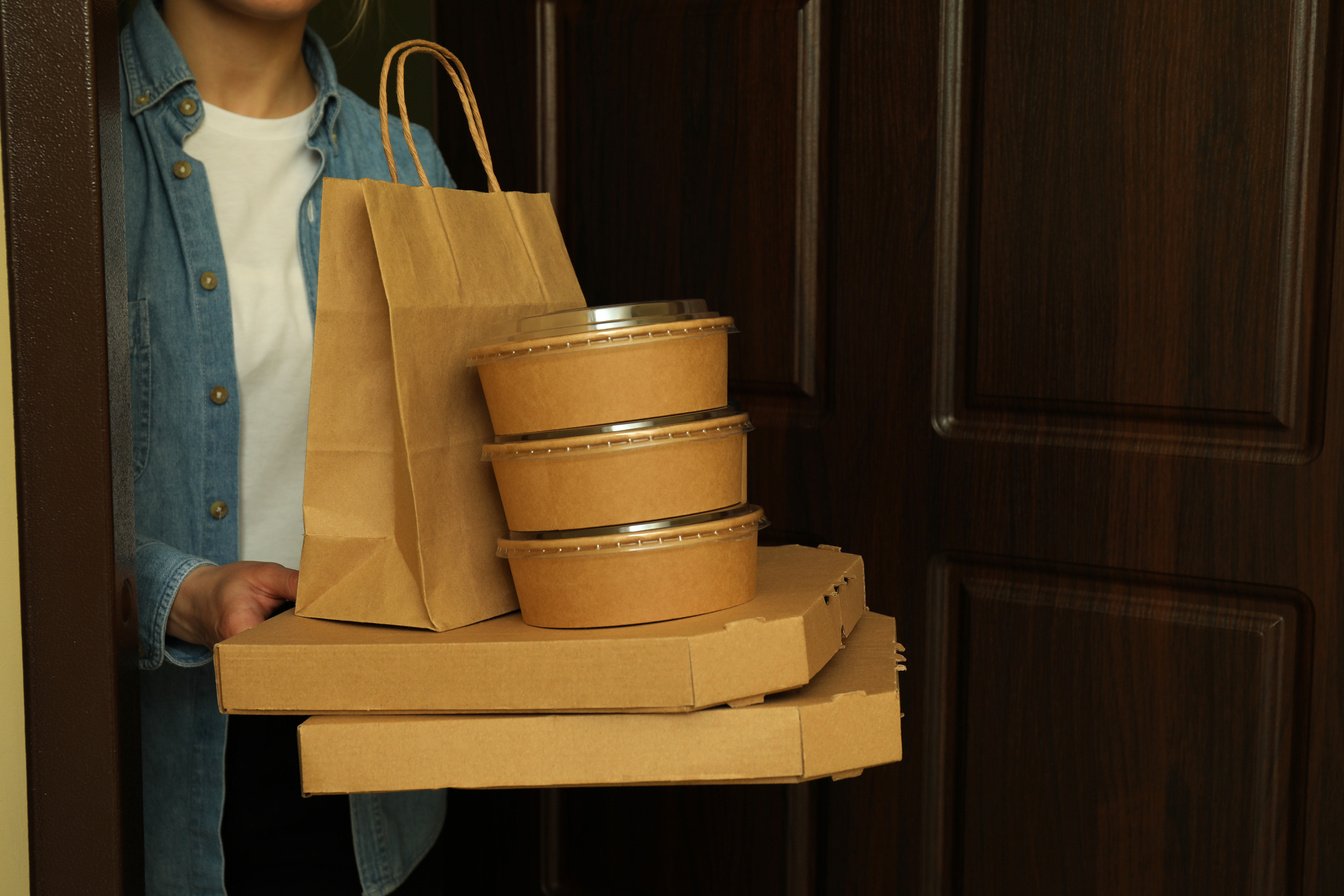 Woman Hold Delivery Containers for Takeaway Food